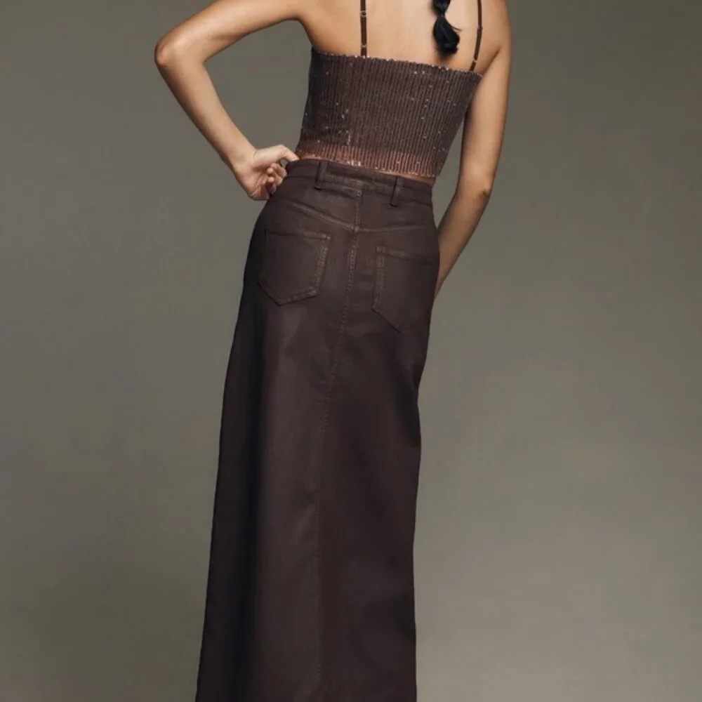 ANTHROPOLOGIE PILCRO The Madi Front-Slit Denim Coated Brick Red Wine 2 - Picture 3 of 5